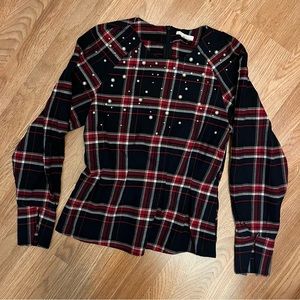 H&M Beaded Plaid Peplum Top